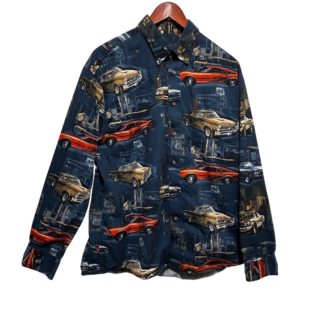 Vintage Magellan Mens Button Shirt L Blue Classic Car Route 66 Retro Rockabilly
